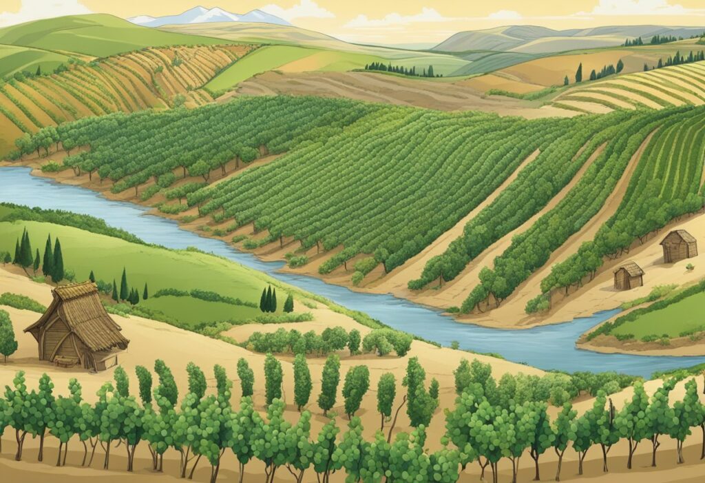 An illustration of a vineyard and a river.