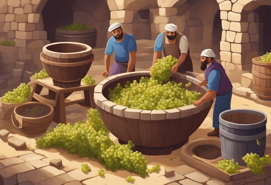 A group of men are harvesting grapes in a wine cellar.