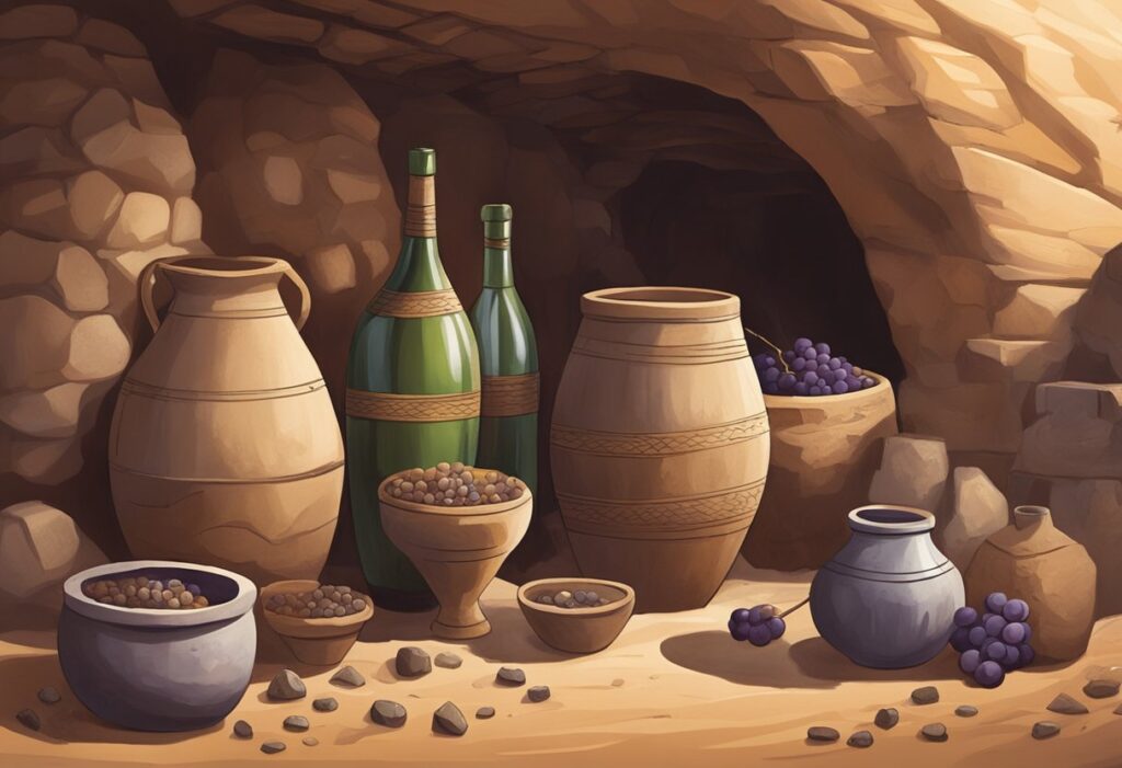 A set of pots and bottles in a cave.