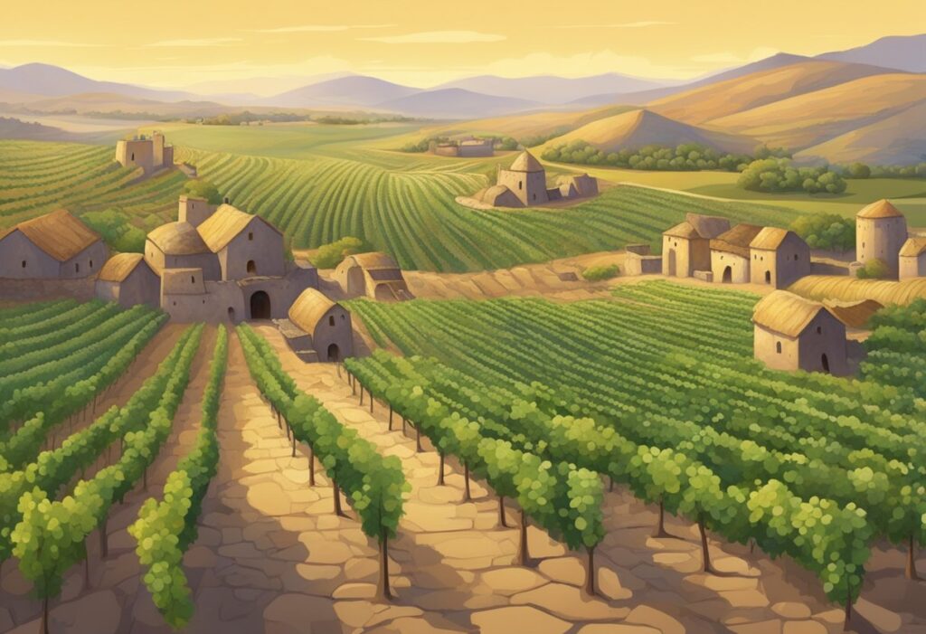 A painting of a vineyard with a village in the background.