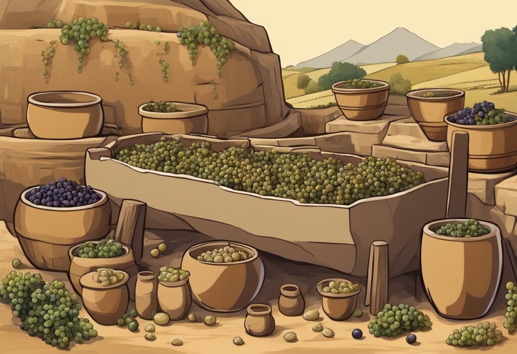 A cartoon illustration of a vineyard with pots of grapes.