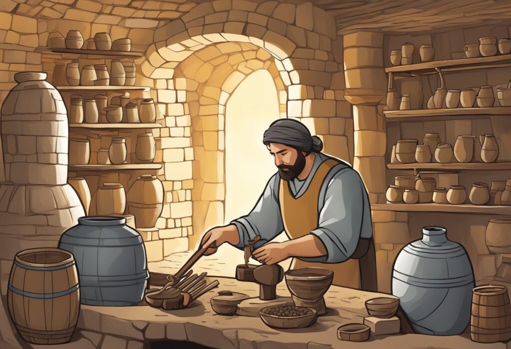 A man is making pottery in a small room.