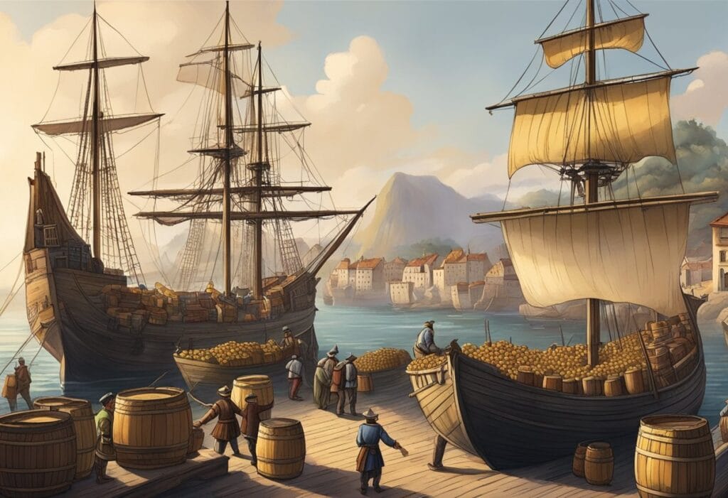 A painting of ships docked in a harbor.