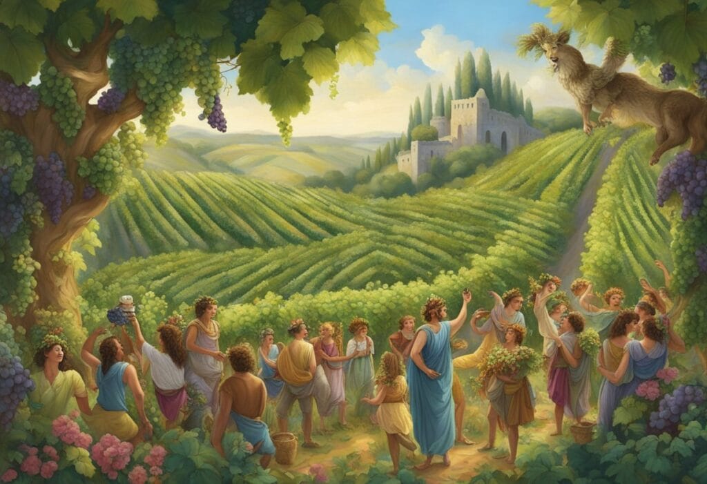 A painting of a group of people in a vineyard.