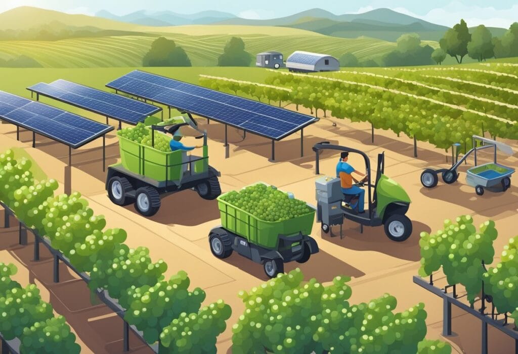 A vineyard with solar panels and tractors in the field.