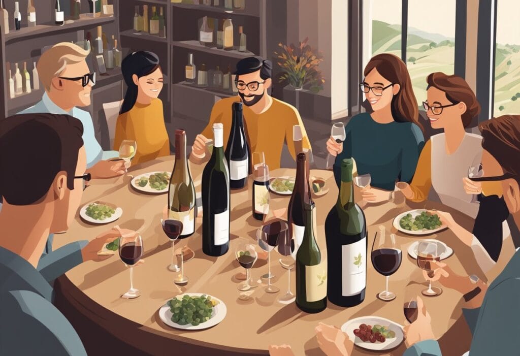 A group of people sitting around a table and drinking wine.