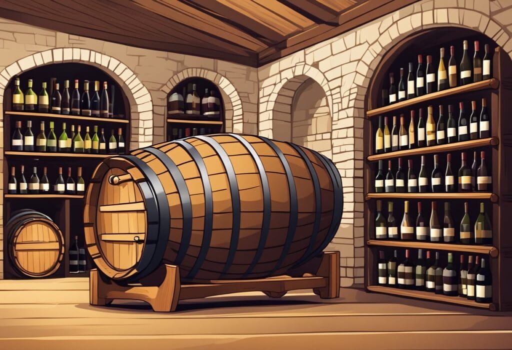 An illustration of a wine cellar with barrels and bottles.