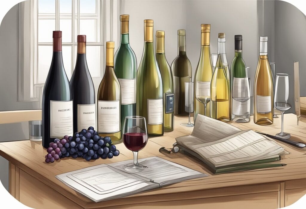 A picture of wine bottles and grapes on a table.