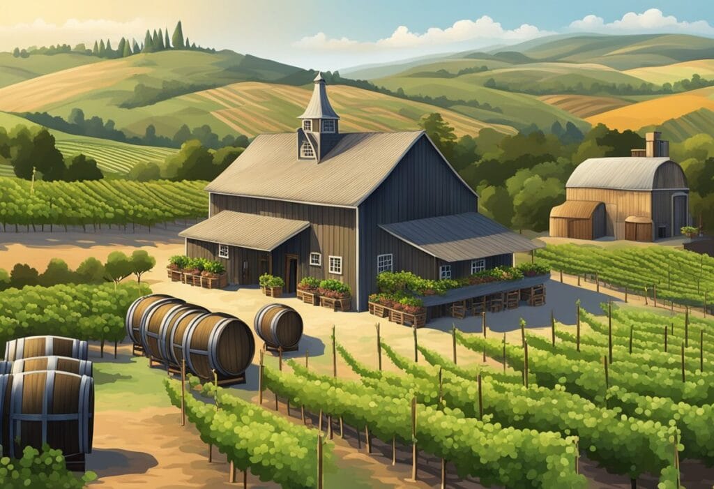 An aerial view of a vineyard with a barn and barrels.