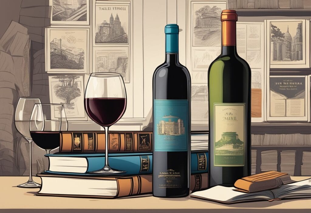 A bottle of wine, a glass of wine and books on a table.