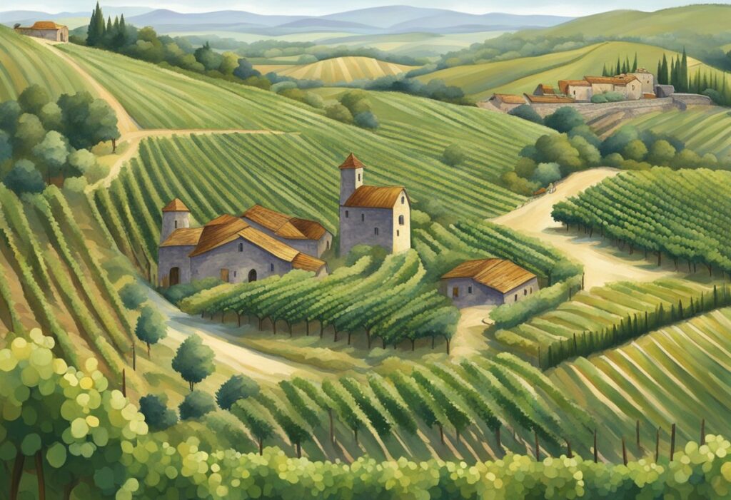 A painting of a vineyard in tuscany.