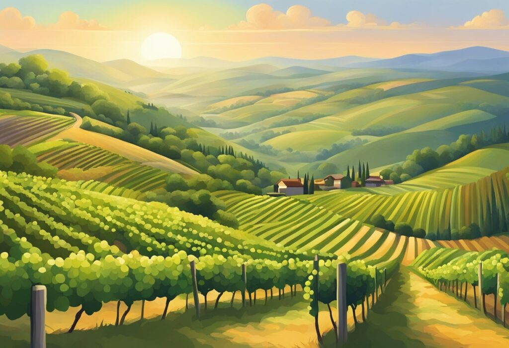 A painting of a vineyard in the countryside.