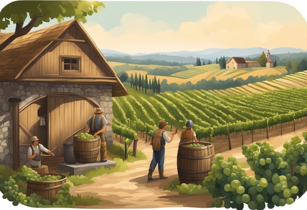 A cartoon illustration of a vineyard with people and barrels.