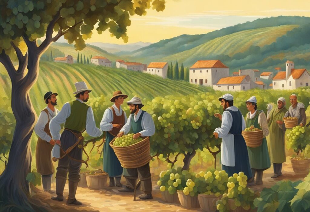 A painting of people picking grapes in a vineyard.