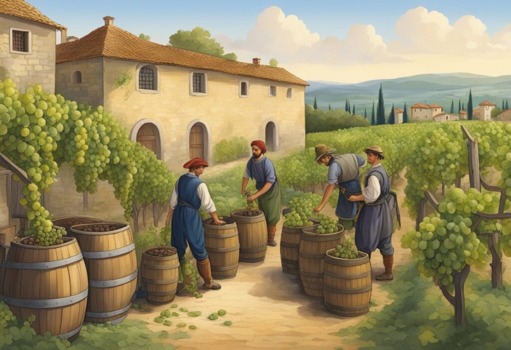 A painting of men picking grapes in a vineyard.