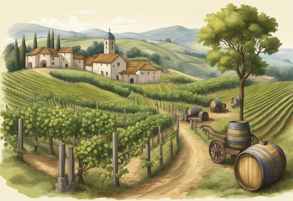 A watercolor illustration of a vineyard in tuscany.