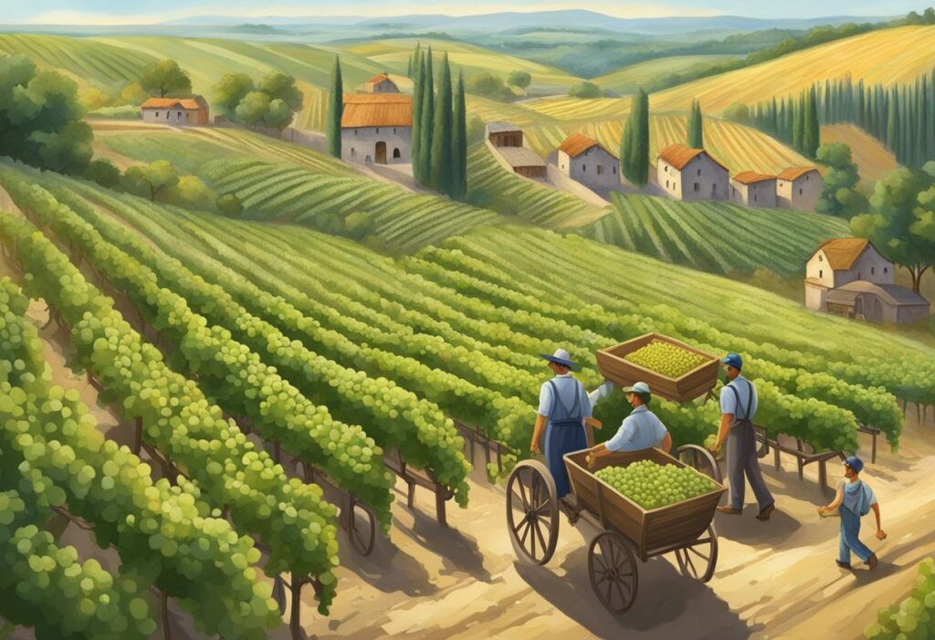 A painting of a vineyard in tuscany.