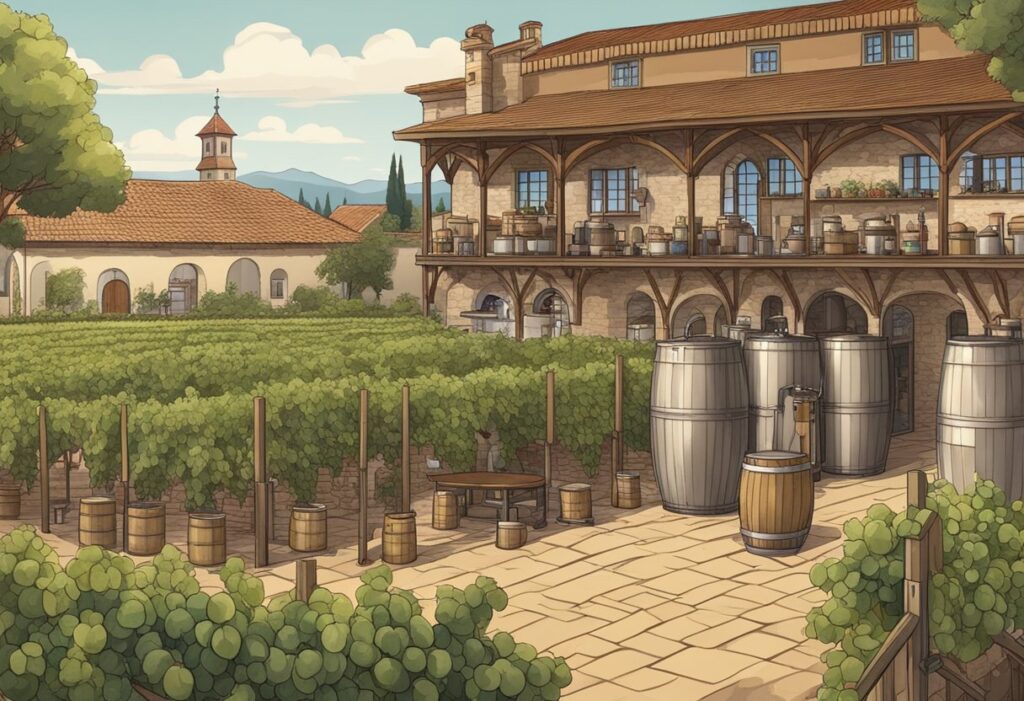 An illustration of a vineyard with barrels in front of it.