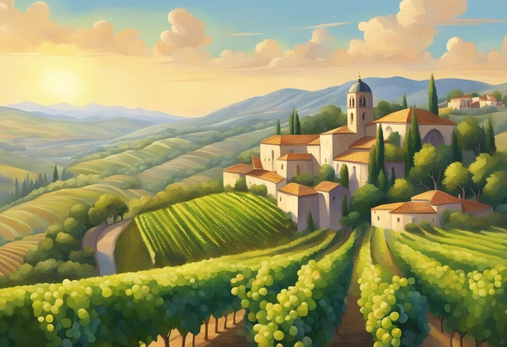 A painting of a vineyard in tuscany.