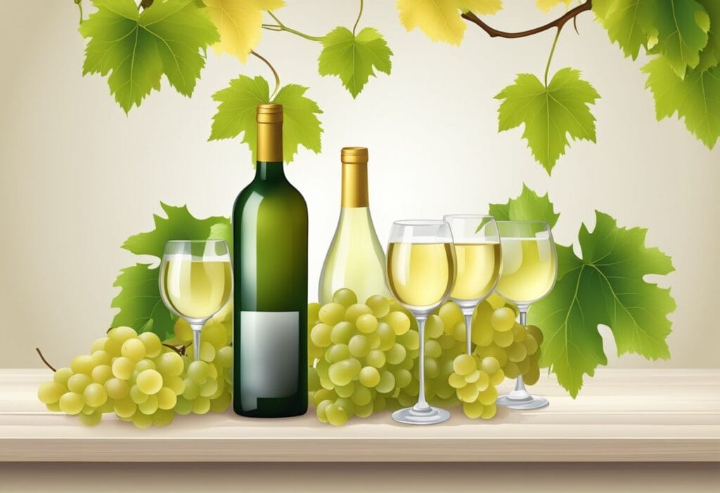 A bottle of white wine, glasses and grapes on a wooden table.