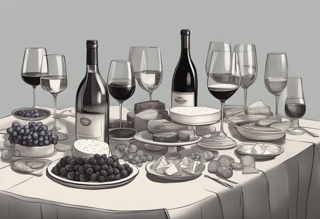 A drawing of a table full of wine and cheese.