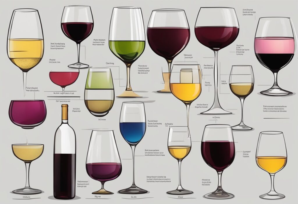 A set of wine glasses with different types of wine.