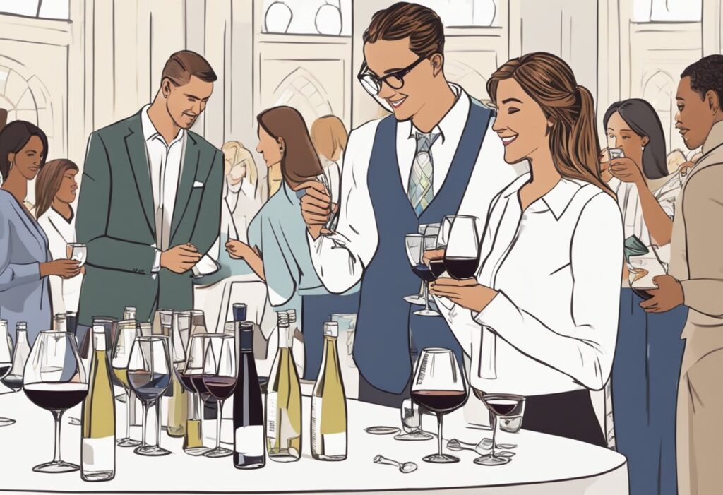 A group of people standing around a table with wine glasses.