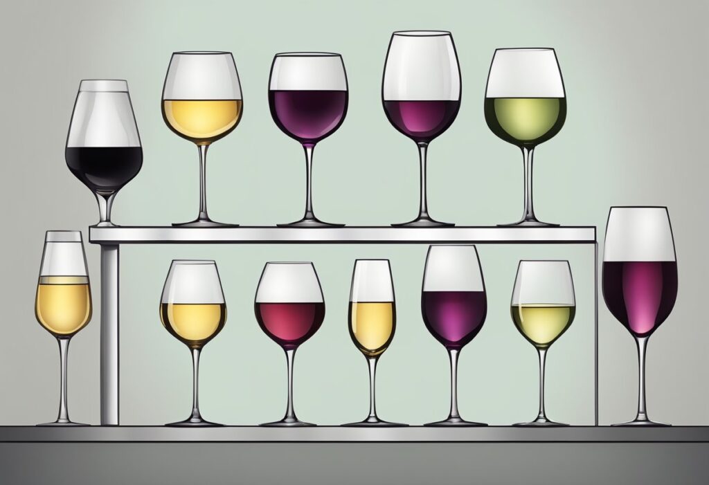 A rack of wine glasses with different types of wine.