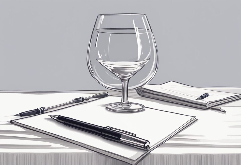 A glass of wine and a pen on a table.