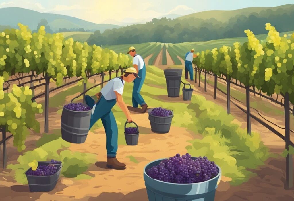 Workers picking grapes in a vineyard.