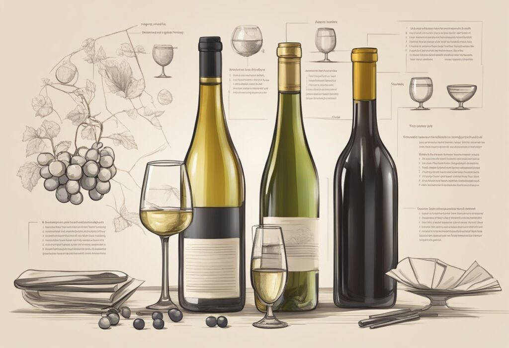A set of wine bottles and glasses on a beige background.