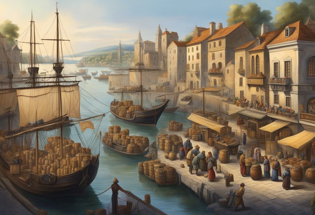 A painting of a harbor with boats and people.