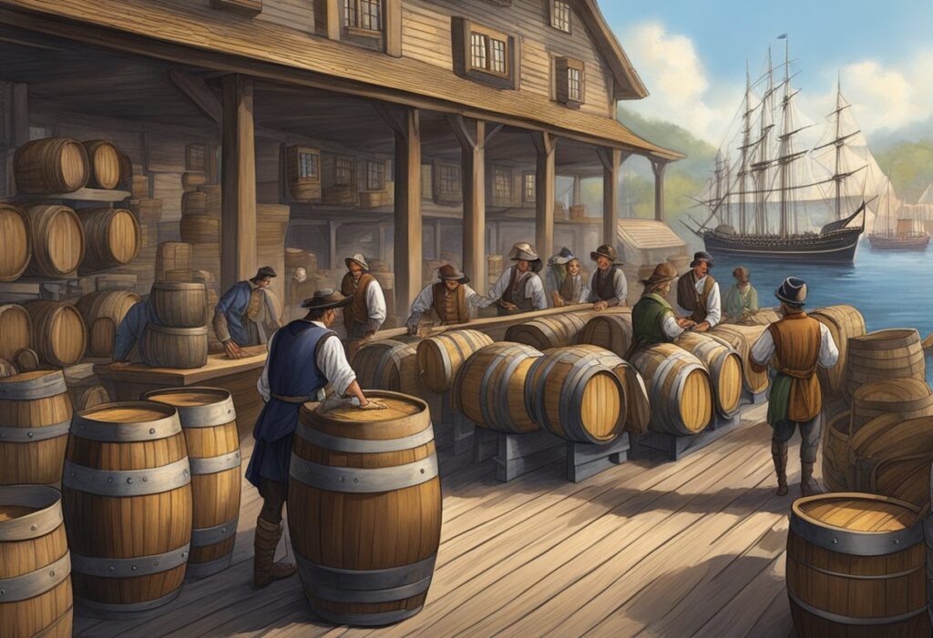 A painting of people at a dock with barrels of wine.