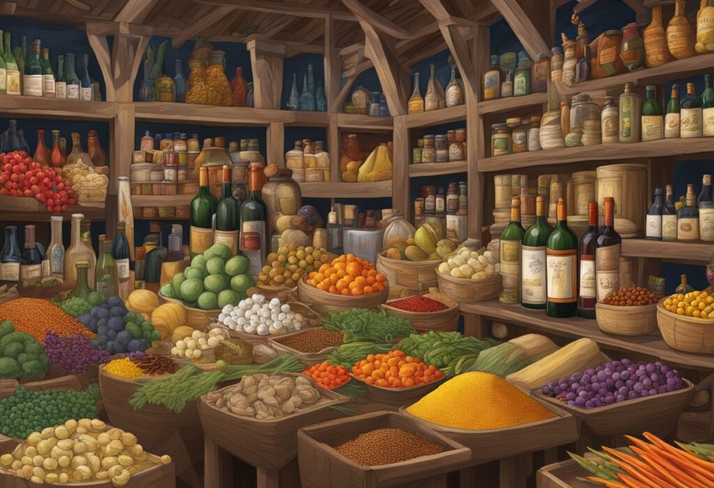 A painting of a grocery store with many different kinds of fruits and vegetables.