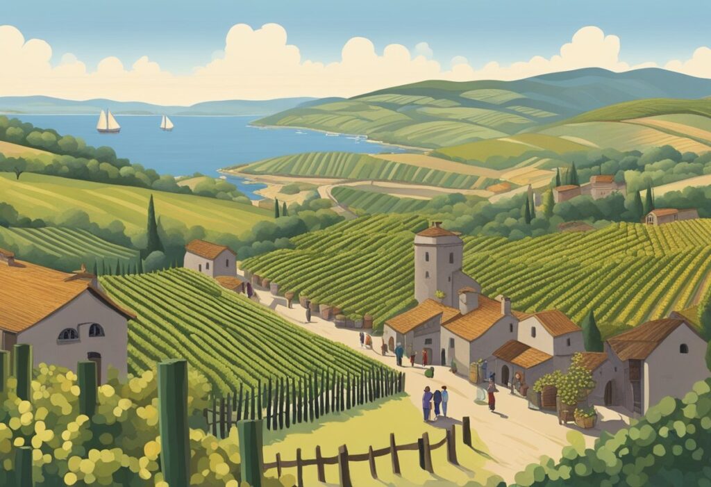 A painting of a vineyard with people and boats.