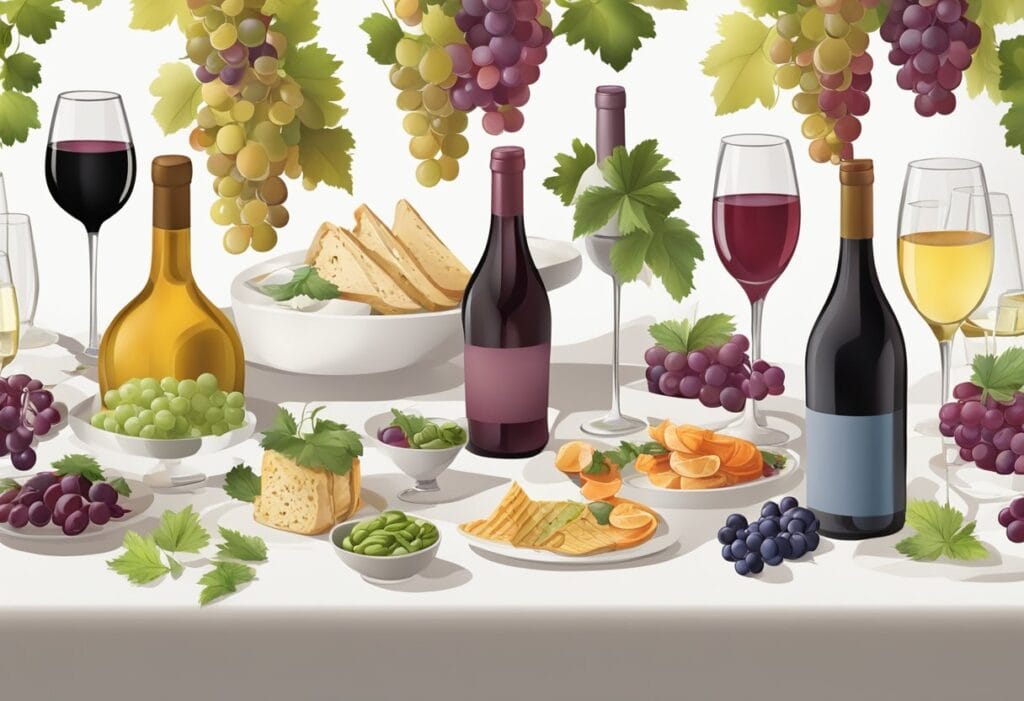 A table with wine, cheese, bread and grapes.