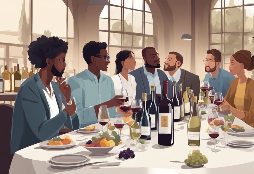 A group of people sitting around a table drinking wine.