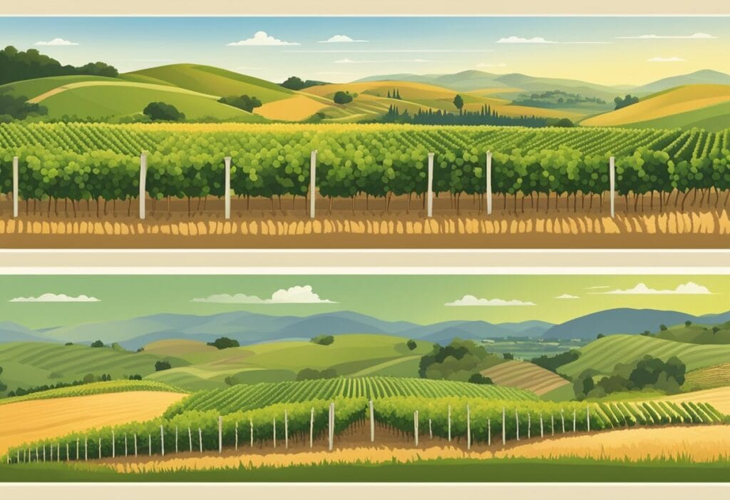 A set of two banners showing vineyards and fields.