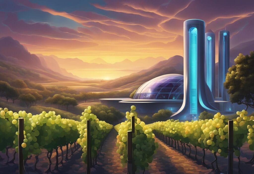 A painting of a vineyard with a futuristic building in the background.