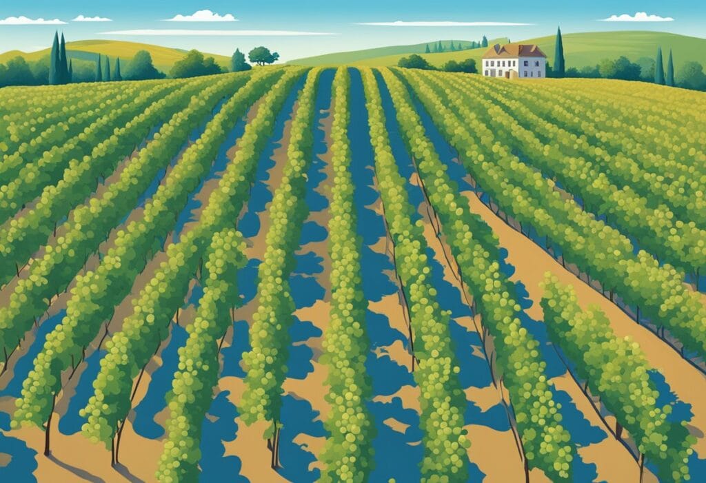 An illustration of a vineyard field with a house in the background.