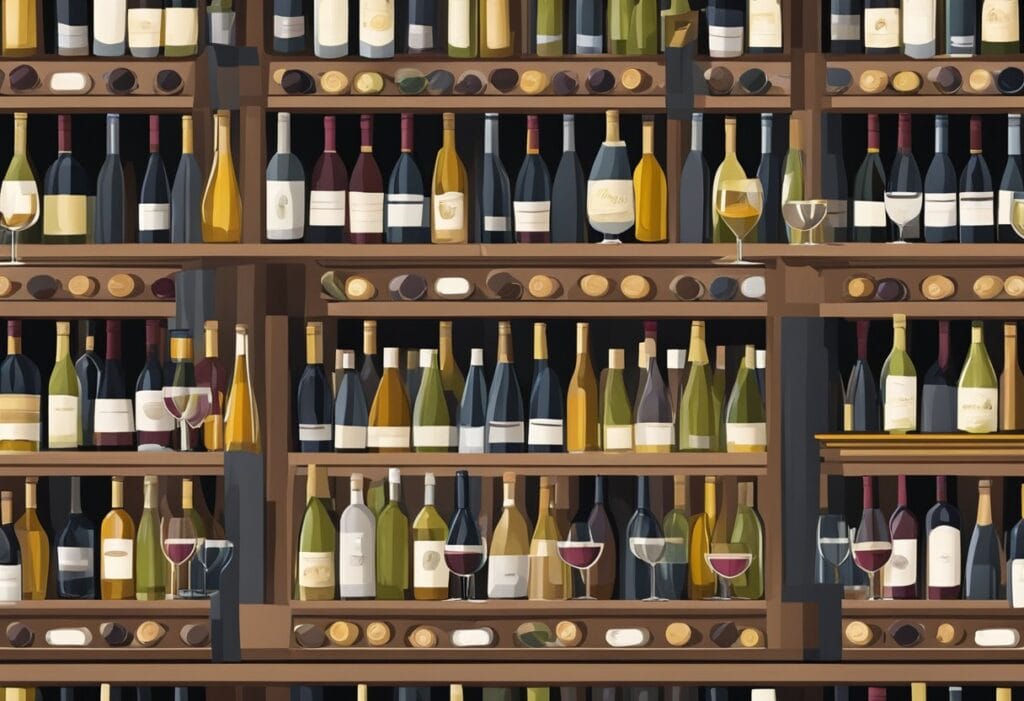 A seamless pattern of wine bottles on a shelf.