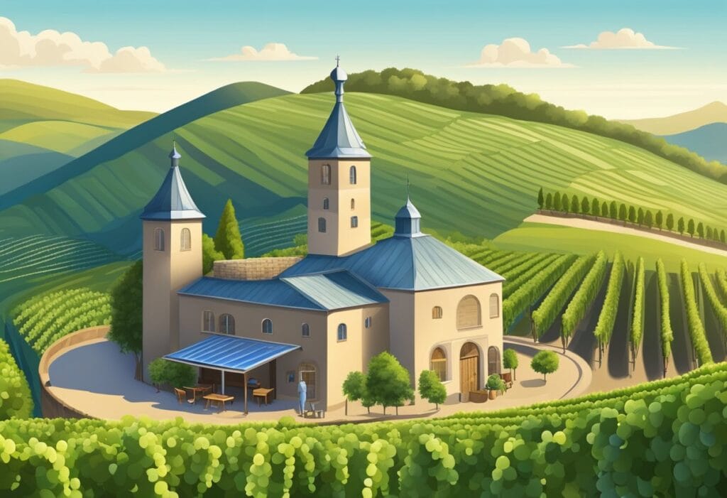 An illustration of a vineyard with a church in the background.