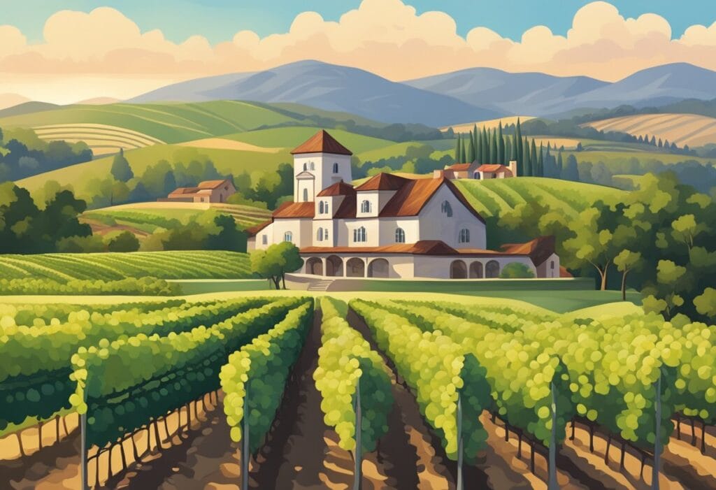 A painting of a vineyard with a house in the background.