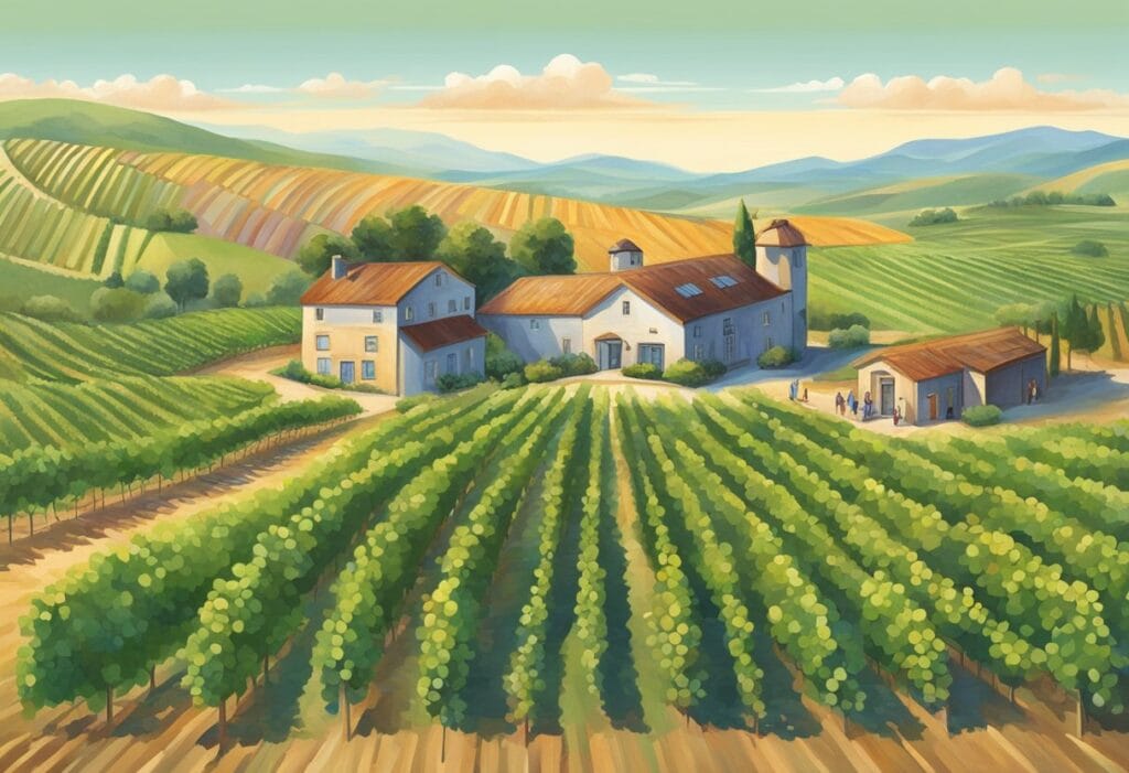 A painting of a vineyard in tuscany.