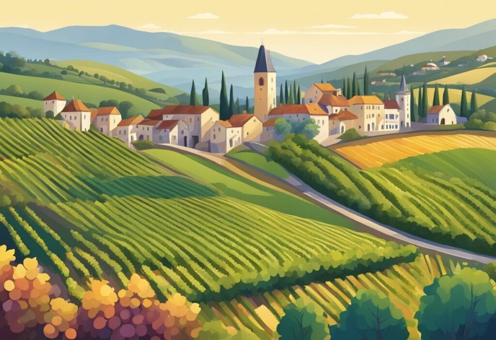 A watercolor illustration of a village in tuscany, italy.