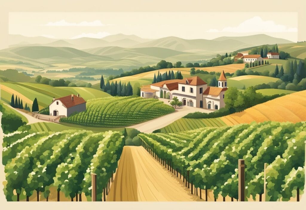 An illustration of a vineyard in tuscany.