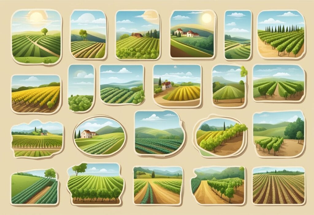 A set of stickers with different views of vineyards.