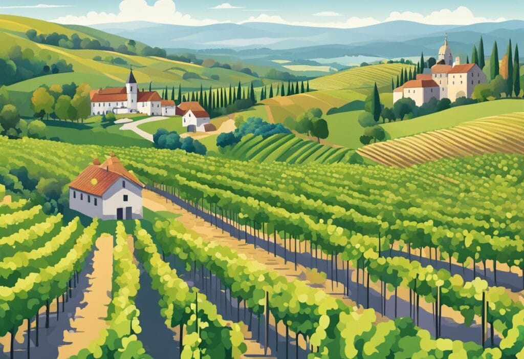 An illustration of a vineyard in tuscany.