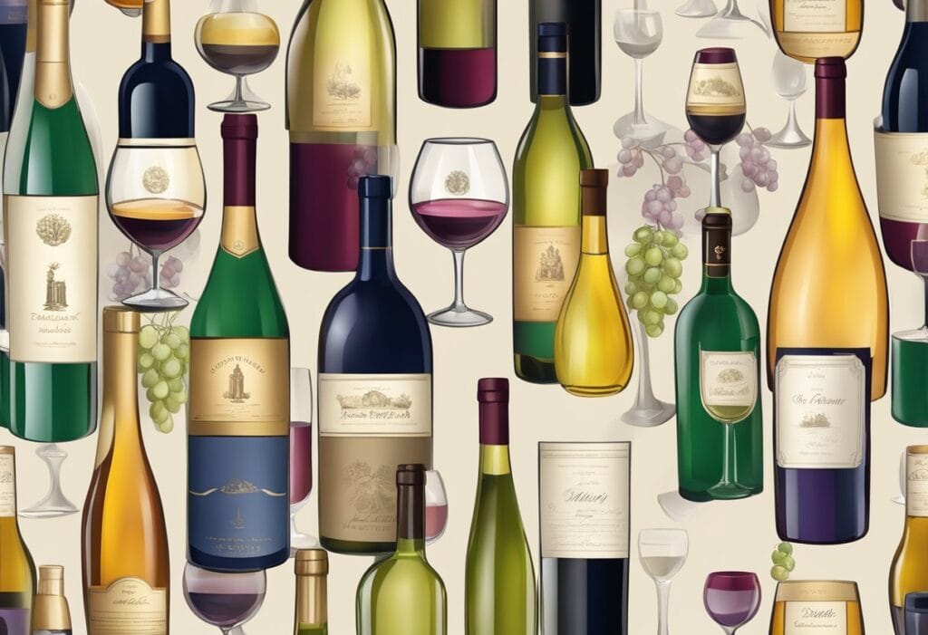 A seamless pattern of wine bottles and glasses.