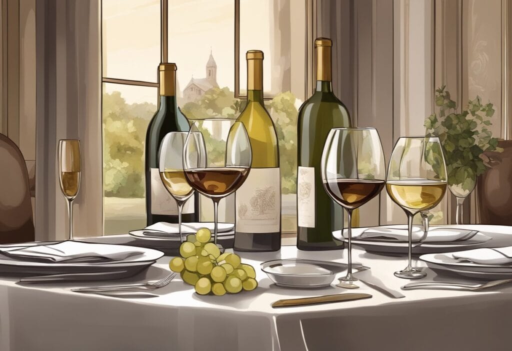 A painting of a table with wine glasses and grapes.